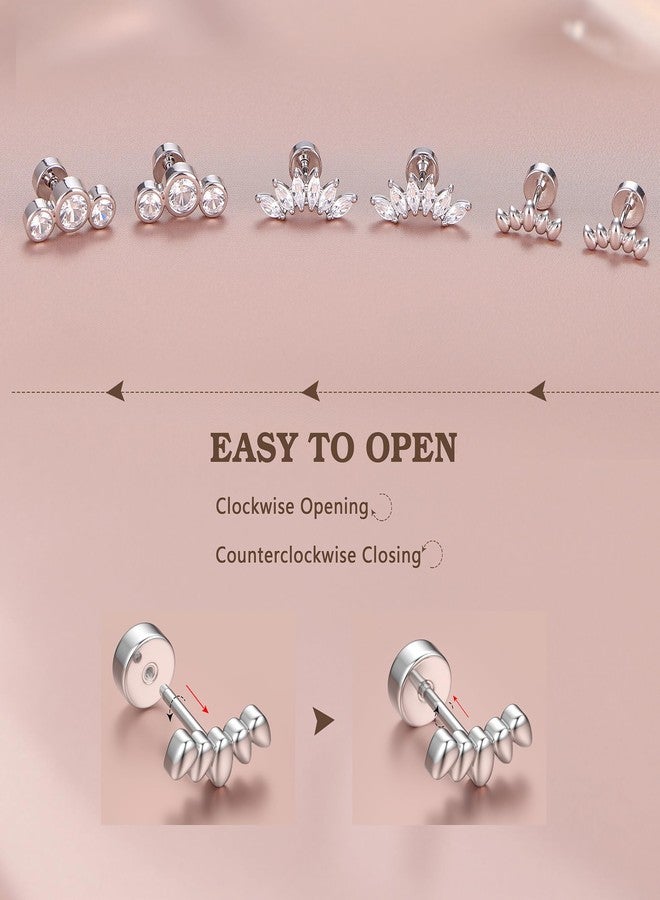 GEMQUEEN 14K Gold Plated Solid 925 Sterling Silver Post Flat Back Earrings Stud | Cartilage Helix Conch Tragus Piercing Jewelry 3 Pairs Tiny Screw Dainty CZ Opal Earring Set Men Women, Style E, Sterling Silver - Image 5