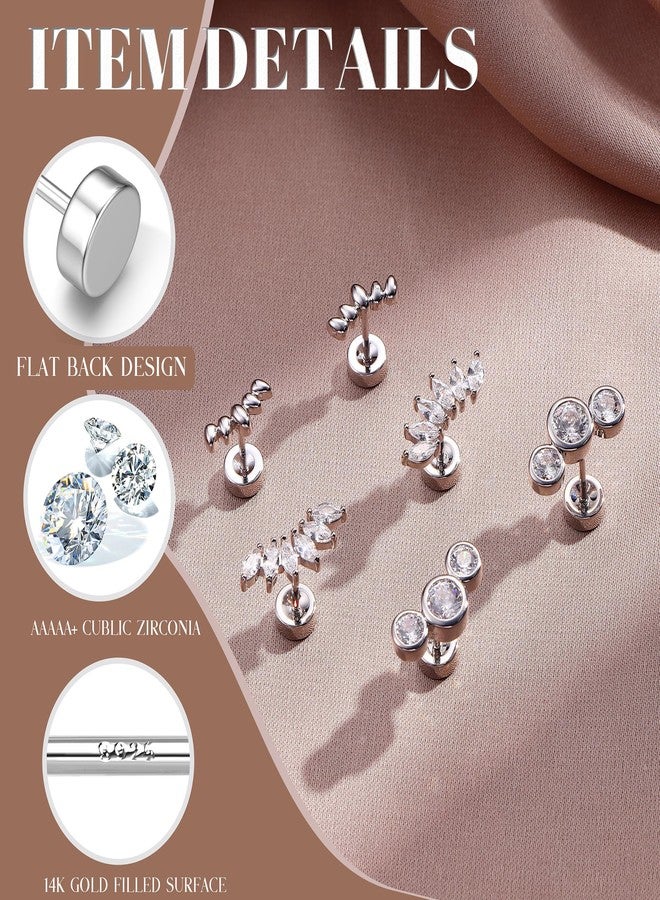 GEMQUEEN 14K Gold Plated Solid 925 Sterling Silver Post Flat Back Earrings Stud | Cartilage Helix Conch Tragus Piercing Jewelry 3 Pairs Tiny Screw Dainty CZ Opal Earring Set Men Women, Style E, Sterling Silver - Image 2