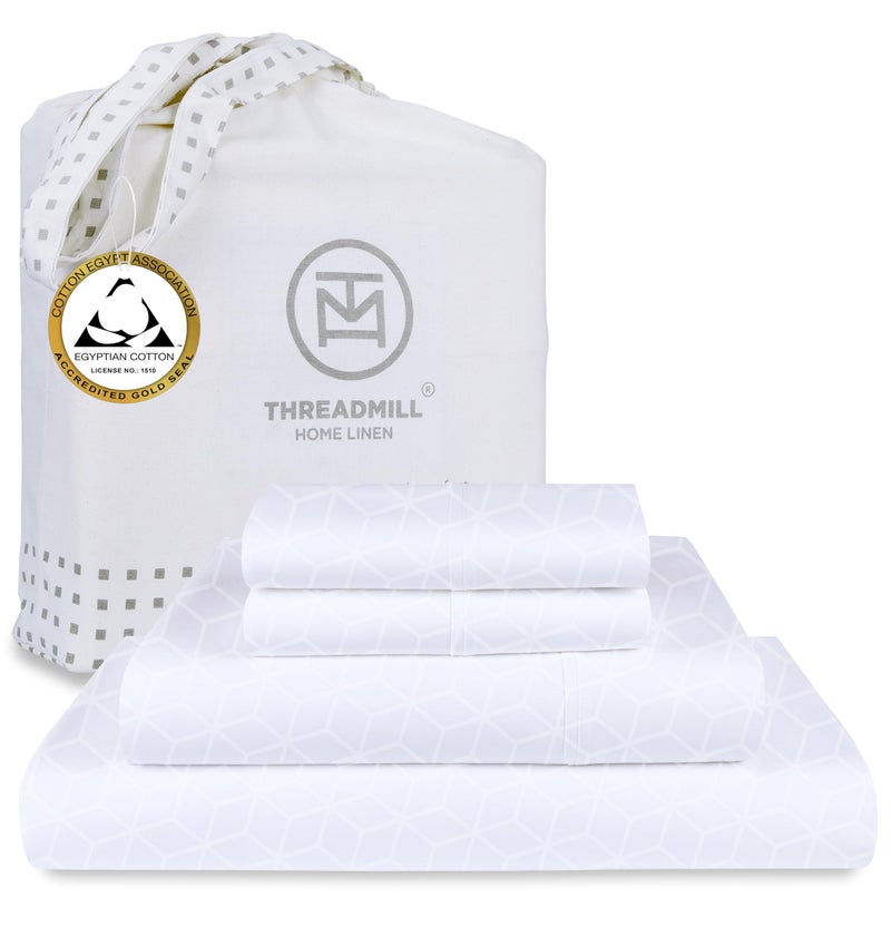 Threadmill Egyptian Cotton Queen Sheet Set  100 Certified Egyptian Cotton Sheets for Queen Size Bed  Queen Bed Sheets Set Snug Fit Deep Pocket  Soft Cooling Damask Jacquard Bedding Set  White