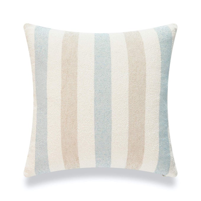 BEACH COASTAL DECORATIVE PILLOW COVER ONLY FOR COUCH SOFA OR BED LIGHT BLUE TAN TAUPE WOVEN STRIPE 18X18