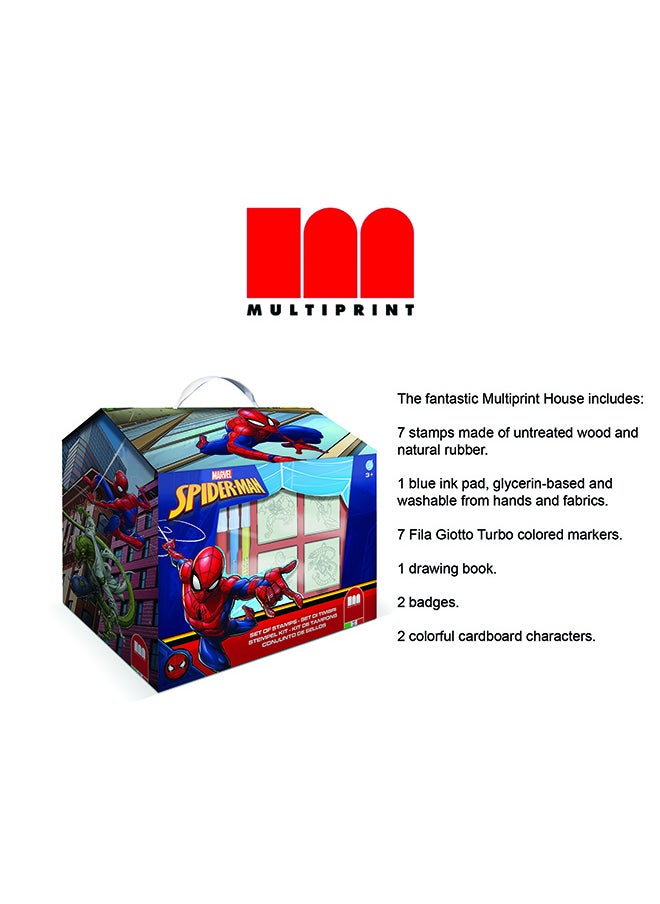 MULTIPRINT Spiderman House Creative Stamping And Coloring Set For Kids Includes 7 Wooden Stamps, Washable Ink, 7 Markers, Drawing Book And More Made In Italy  - Image 2