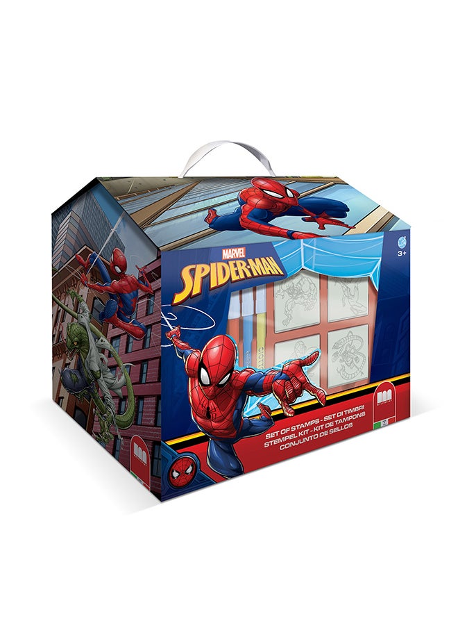 MULTIPRINT Spiderman House Creative Stamping And Coloring Set For Kids Includes 7 Wooden Stamps, Washable Ink, 7 Markers, Drawing Book And More Made In Italy  - Image 1