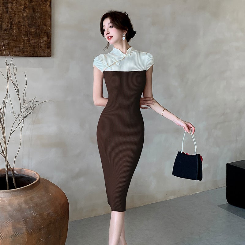 2024 summer Japanese Korean style womens clothing retro fashion national style color matching sweater dress mid-length knitted dress 6740 Coffee - Image 1
