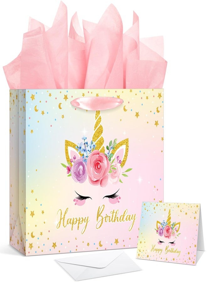 Kolldenn 13 Large Happy Birthday Gift Bag with Handles, Card and Tissue Papers for Girls Kids Women Birthdays Baby Shower Wedding Party Favors (Unicorn) - Image 1