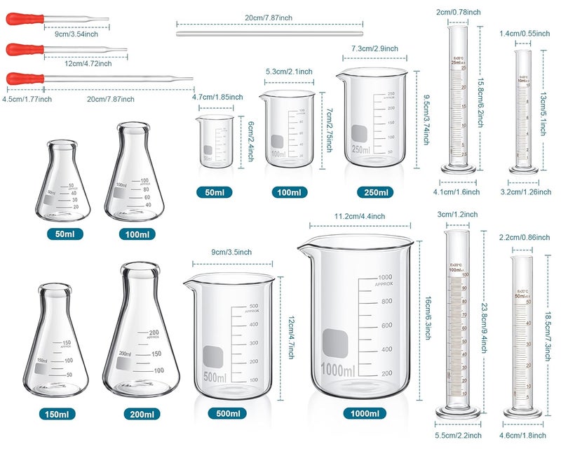 Frienda 50/100/250/500/1000ml Lab Glassware Include Graduated Cylinder, Glass Beaker Set, Glass Dropper, Stirring Rod, Measuring Cups for Laboratory Science Chemistry Supplies (20 Pcs) - Image 2