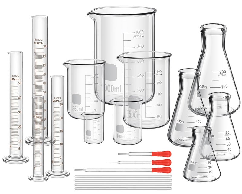 Frienda 50/100/250/500/1000ml Lab Glassware Include Graduated Cylinder, Glass Beaker Set, Glass Dropper, Stirring Rod, Measuring Cups for Laboratory Science Chemistry Supplies (20 Pcs) - Image 1