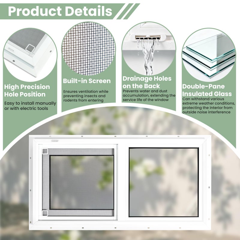 NOTASA Vinyl Basement Window, 32" x 18" Bathroom Sliding Window with Double Pane Insulated Tempered Glass and Fiberglass Screen for Basement, Bathroom, Shed (White) - Image 5