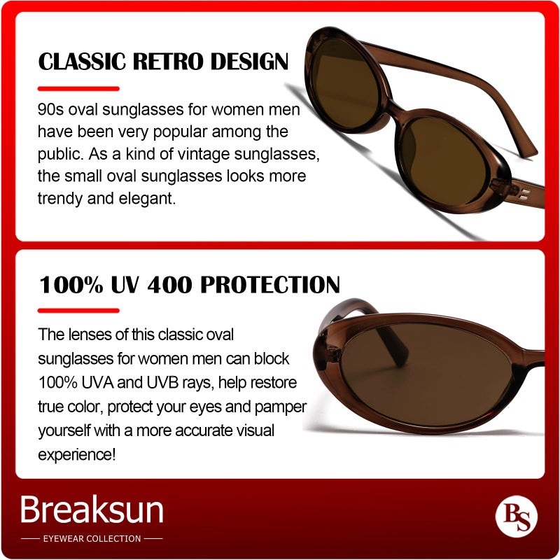 Breaksun نظارات شمسية بيكسون ريترو بيضاوية للنساء والرجال، نظارات بيضاوية صغيرة موضة، نظارات عتيقة من التسعينات (بني داكن/بني) - Image 5