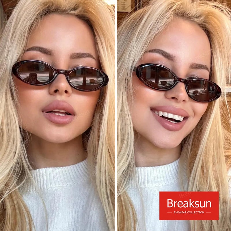 Breaksun نظارات شمسية بيكسون ريترو بيضاوية للنساء والرجال، نظارات بيضاوية صغيرة موضة، نظارات عتيقة من التسعينات (بني داكن/بني) - Image 2