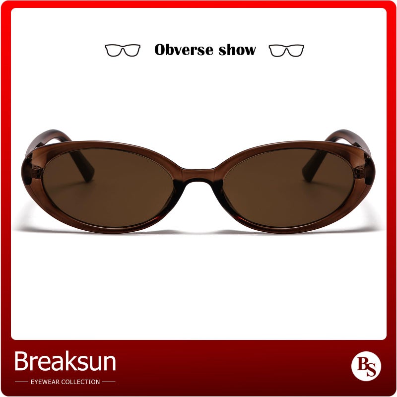 Breaksun نظارات شمسية بيكسون ريترو بيضاوية للنساء والرجال، نظارات بيضاوية صغيرة موضة، نظارات عتيقة من التسعينات (بني داكن/بني) - Image 3