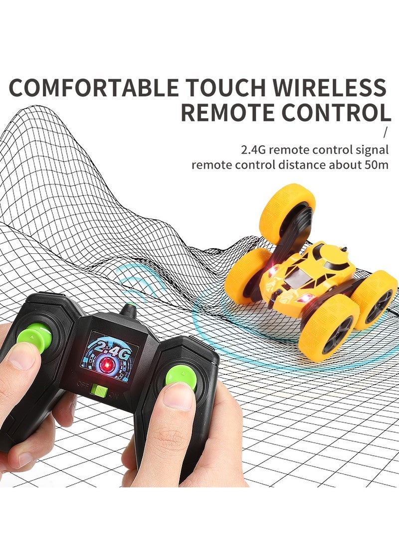 unikbebe 360 Rotating Remote Control Car for Kids - Double Sided 4WD RC Stunt Car with Headlights, 2.4GHz Off-Road Electric Race Toy, Rechargeable Stunt Drifting Car (Yellow) for Ages 3+ - Image 2