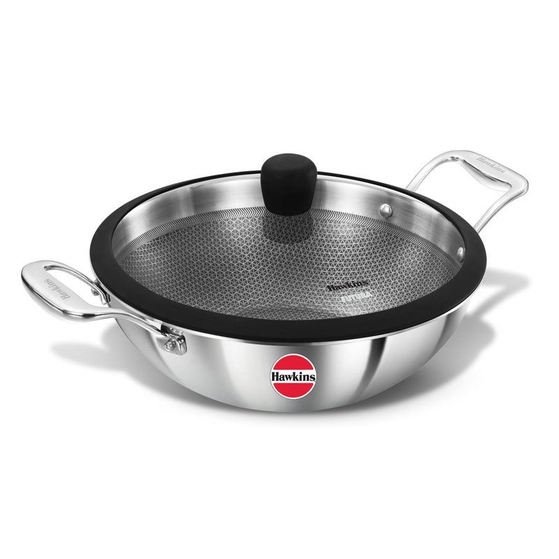 Hawkins Pro 3.5 Litre Shielded Nonstick Triply Deep-Fry Pan, Kadhai with Stainless Steel Handles and Glass Lid, Silver (PSNK35G) - Image 1