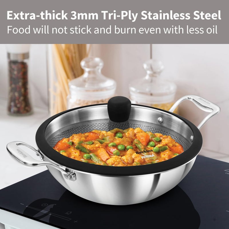 Hawkins Pro 3.5 Litre Shielded Nonstick Triply Deep-Fry Pan, Kadhai with Stainless Steel Handles and Glass Lid, Silver (PSNK35G) - Image 3