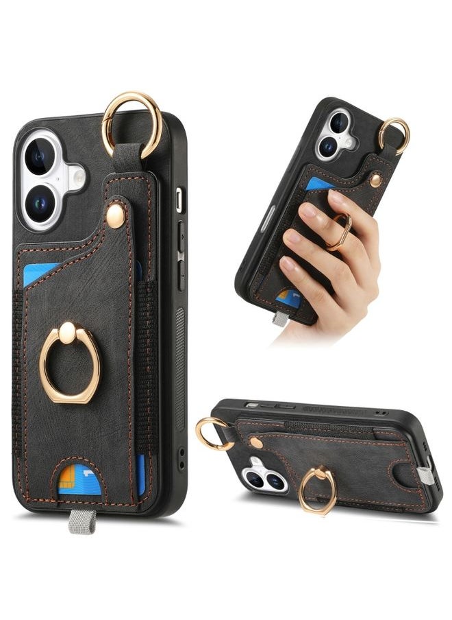 HuHa Case Cover For iPhone 16 Plus Retro Skin-feel Ring Card Bag Phone Case with Hang Loop(Black) 