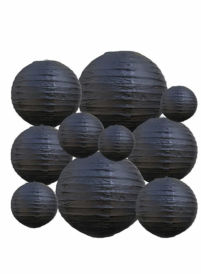 10Pcs Black Paper Lanterns Decorative, Chinese/Japanese Hanging Round Foldable Lantern, for Birthday, Wedding, , Bridal Shower, Home Decor, Party (Size of 4”, 6”, 8”, 10”)