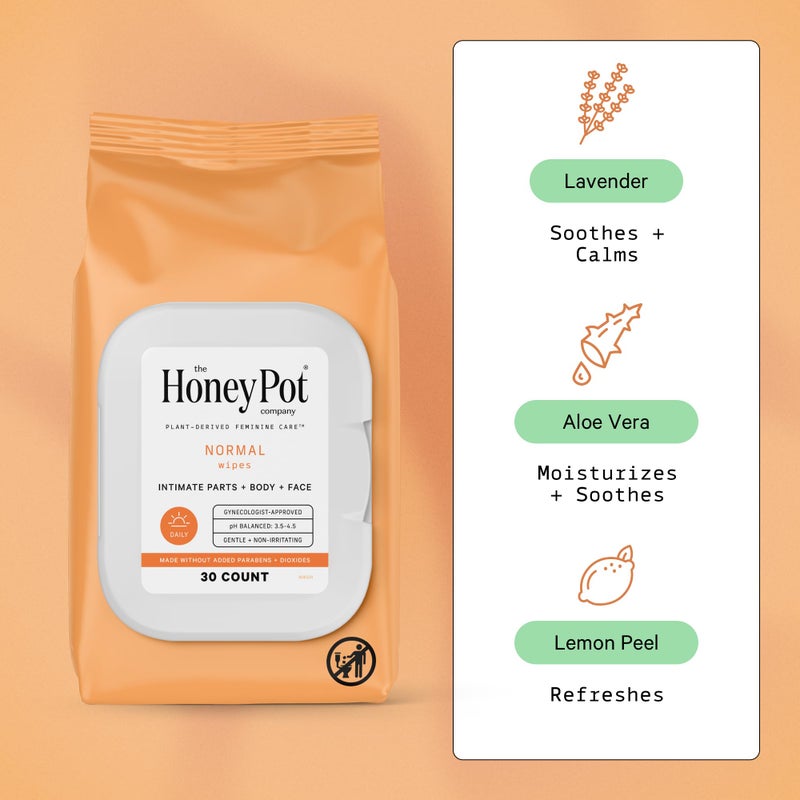 The Honey Pot Company - Feminine Wipes - Daily PH Balancing, Fragrance & Sulfate Free Wipes for Intimate Parts, Body, or Face - Hygiene Products - Normal 30 ct - Image 2