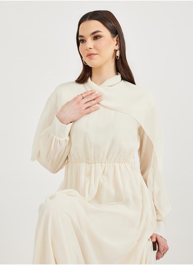 Styli Solid Ruched Waist Detail A-Line Maxi Dress  - Image 3
