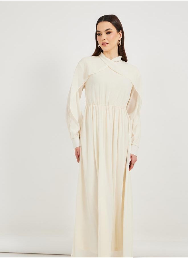Styli Solid Ruched Waist Detail A-Line Maxi Dress  - Image 4
