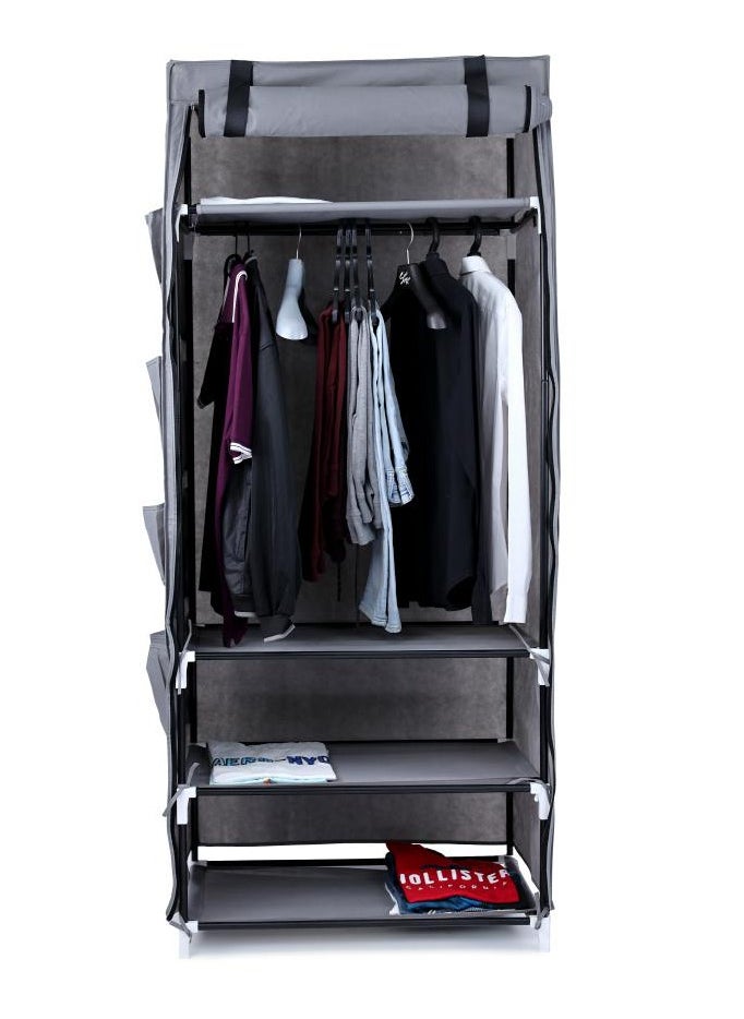TTTP The Professionals Choice FOLDABLE NON-WOVEN WARDROBE WITH FOUR SHELVES AND A HANGING BAR AND TWELVE SIDE POCKETS. SIZE 75X50X180 CM - GRAY COLOR  - Image 1