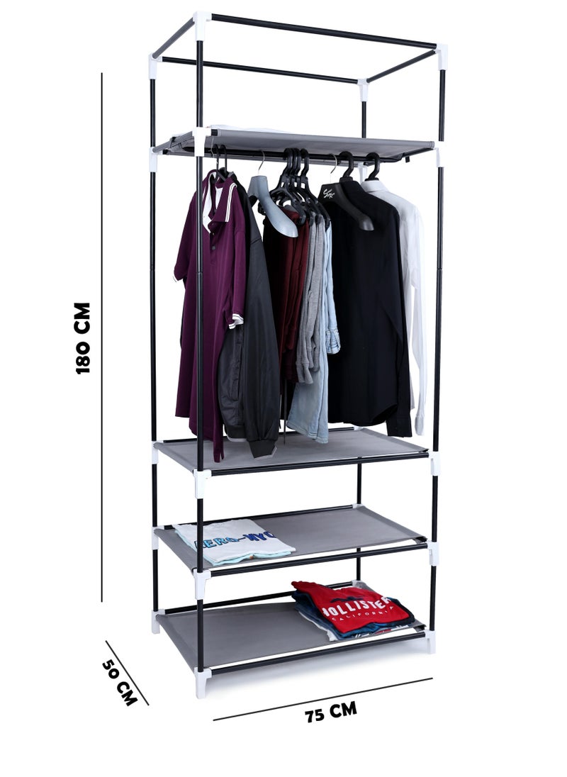 TTTP The Professionals Choice FOLDABLE NON-WOVEN WARDROBE WITH FOUR SHELVES AND A HANGING BAR AND TWELVE SIDE POCKETS. SIZE 75X50X180 CM - GRAY COLOR  - Image 2