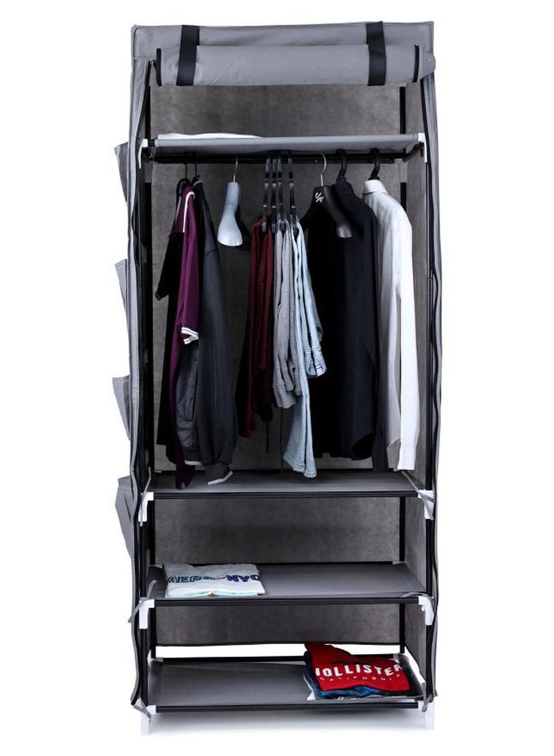TTTP The Professionals Choice FOLDABLE NON-WOVEN WARDROBE WITH FOUR SHELVES AND A HANGING BAR AND TWELVE SIDE POCKETS. SIZE 75X50X180 CM - GRAY COLOR - Image 1