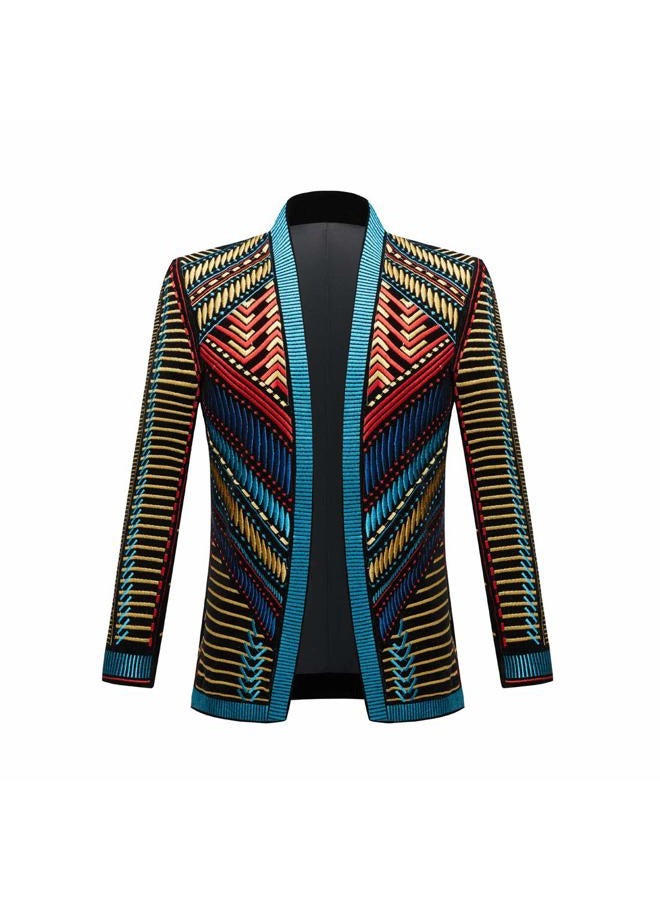 PYJTRL Mens Stylish Court Prince Black Velvet Gold Embroidery Blazer Suit Jacket, Blue Gold, 3XL - Image 1