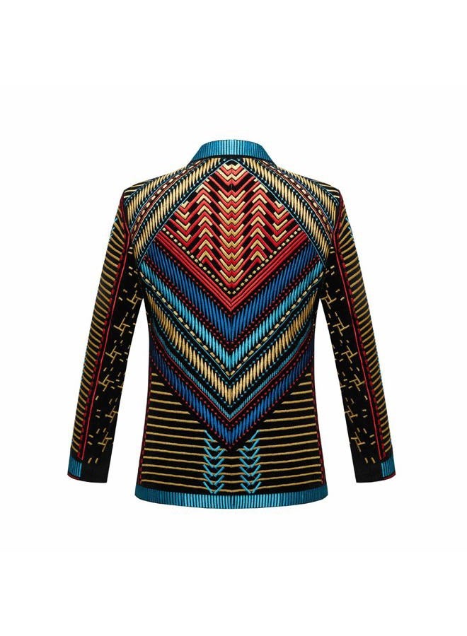 PYJTRL Mens Stylish Court Prince Black Velvet Gold Embroidery Blazer Suit Jacket, Blue Gold, 3XL - Image 2