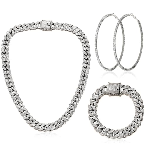 Batiyeer 3 Pcs Cuban Link Chain Necklace Bracelet Rhinestone Hoop Earrings Bling Crystal Hip Hop Jewelry for Women16 InchSteel Black - Image 1
