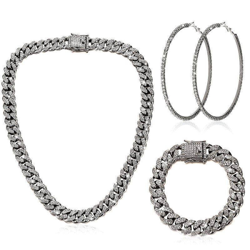 Batiyeer 3 Pcs Cuban Link Chain Necklace Bracelet Rhinestone Hoop Earrings Bling Crystal Hip Hop Jewelry for Women16 InchSteel Black - Image 2