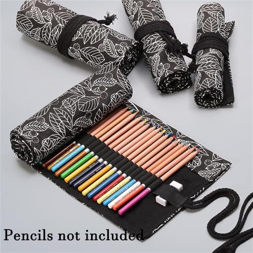 DIYOMR 24/36/72 Slots Pencil Wrap Pencil Rolls, Artist Colored Pencils Roll Up Bag Short Brushes Pouch Case Pencils Organizer for Drawing Coloring and Sketching (Black Leaves, 72slots) - Image 2