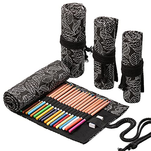 DIYOMR 24/36/72 Slots Pencil Wrap Pencil Rolls, Artist Colored Pencils Roll Up Bag Short Brushes Pouch Case Pencils Organizer for Drawing Coloring and Sketching (Black Leaves, 72slots) - Image 1