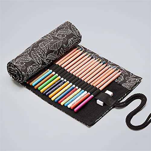 DIYOMR 24/36/72 Slots Pencil Wrap Pencil Rolls, Artist Colored Pencils Roll Up Bag Short Brushes Pouch Case Pencils Organizer for Drawing Coloring and Sketching (Black Leaves, 72slots) - Image 5