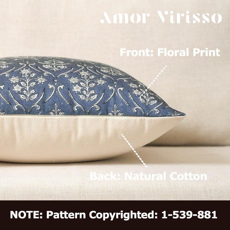 Amor Virisso Floral Pillow Covers 18x18 Inch Farmhouse Block Print Pillow Cover Accent Square Neutral Modern Decorative Throw Pillow Covers for Living Room Couch Bed Sofa Chair, Dusty Blue - Image 2