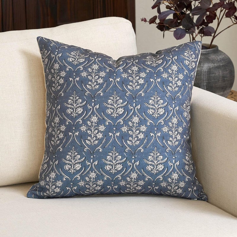 Amor Virisso Floral Pillow Covers 18x18 Inch Farmhouse Block Print Pillow Cover Accent Square Neutral Modern Decorative Throw Pillow Covers for Living Room Couch Bed Sofa Chair, Dusty Blue - Image 1