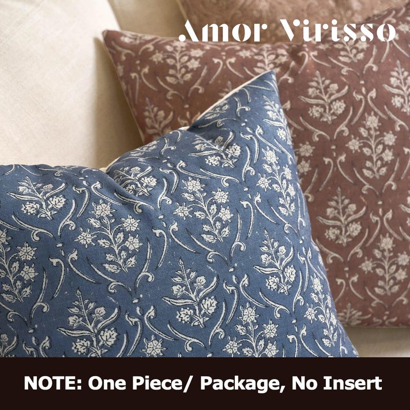 Amor Virisso Floral Pillow Covers 18x18 Inch Farmhouse Block Print Pillow Cover Accent Square Neutral Modern Decorative Throw Pillow Covers for Living Room Couch Bed Sofa Chair, Dusty Blue - Image 4