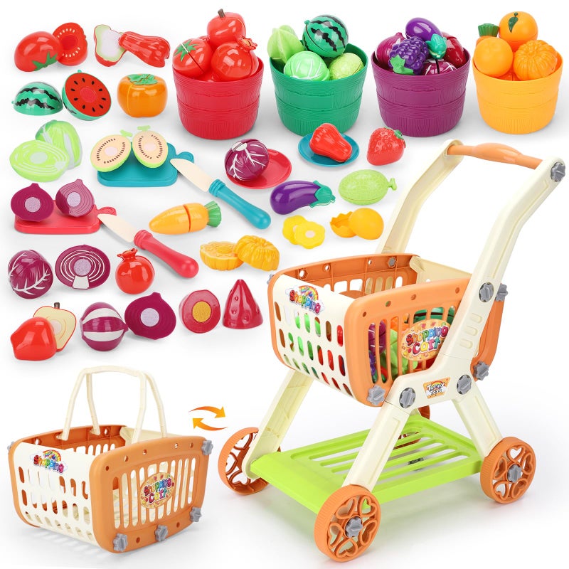 Ming You Kids Shopping Cart with Cutting Play Food Set for Kid Kitchen 2 in 1 Shopping Cart for Kids Grocery Store Pretend Play Kitchen Accessories Sorting Food Bucket Learning Toys Gift for Toddler 35 - Image 3