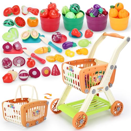 Ming You Kids Shopping Cart with Cutting Play Food Set for Kid Kitchen 2 in 1 Shopping Cart for Kids Grocery Store Pretend Play Kitchen Accessories Sorting Food Bucket Learning Toys Gift for Toddler 35 - Image 1
