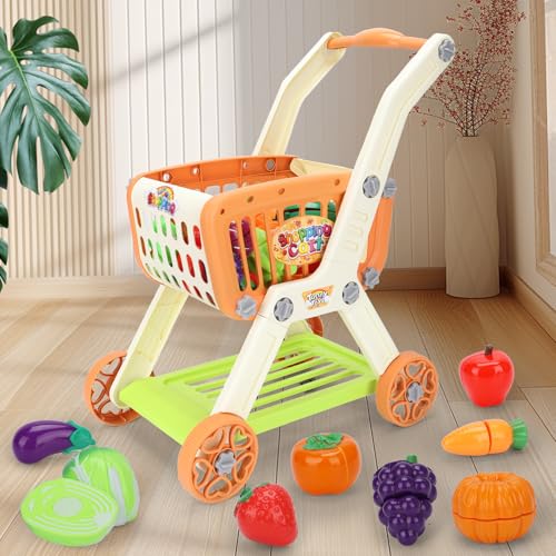 Ming You Kids Shopping Cart with Cutting Play Food Set for Kid Kitchen 2 in 1 Shopping Cart for Kids Grocery Store Pretend Play Kitchen Accessories Sorting Food Bucket Learning Toys Gift for Toddler 35 - Image 5