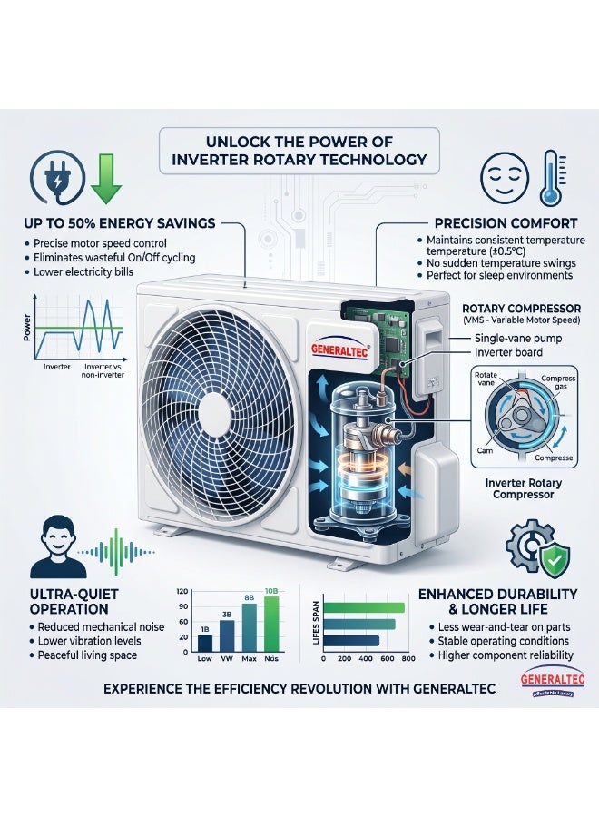 GENERALTEC مكيف هواء جنرالتيك 2 طن إنفيرتر سبليت GSIAC24LT3 24000 BTU، ضاغط دوار DC، تبريد سريع، 4 اتجاهات للتأرجح، زعانف ذهبية، ضوضاء منخفضة، R410A، مجموعة نحاسية - Image 5