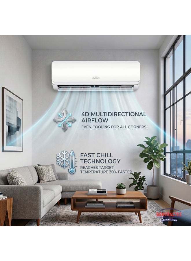 GENERALTEC مكيف هواء جنرالتيك 2 طن إنفيرتر سبليت GSIAC24LT3 24000 BTU، ضاغط دوار DC، تبريد سريع، 4 اتجاهات للتأرجح، زعانف ذهبية، ضوضاء منخفضة، R410A، مجموعة نحاسية - Image 4