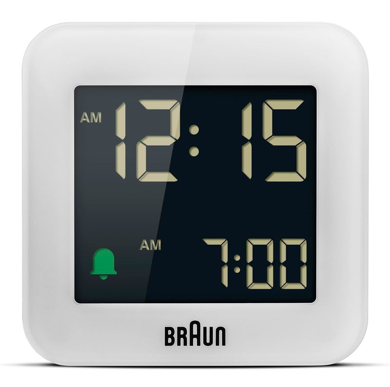 Braun Digital Travel Alarm Clock with Snooze, Compact Size, Negative LCD Display, Quick Set,Crescendo Beep Alarm in White, model BC08W. - Image 1