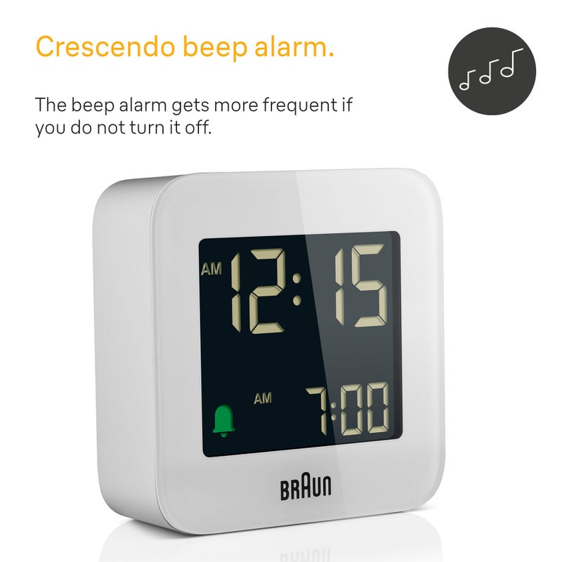 Braun Digital Travel Alarm Clock with Snooze, Compact Size, Negative LCD Display, Quick Set,Crescendo Beep Alarm in White, model BC08W. - Image 2