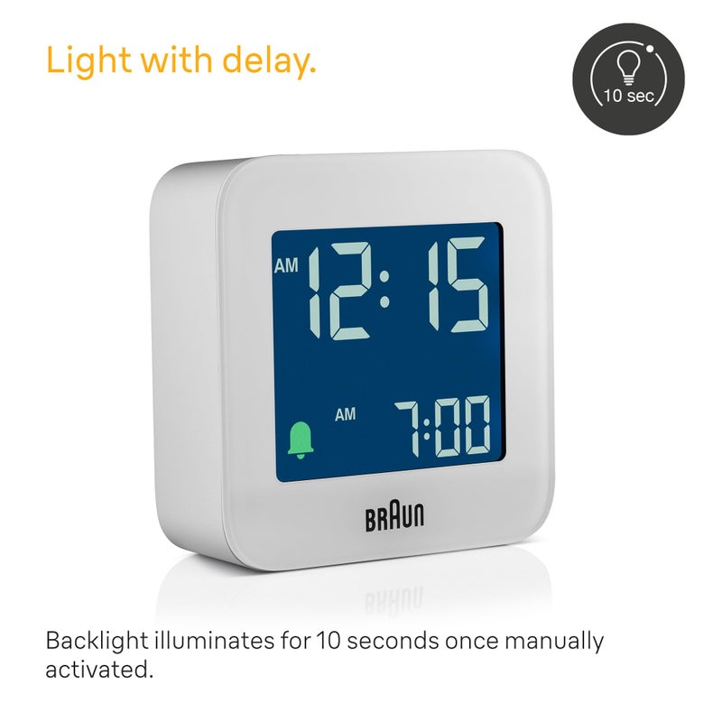 Braun Digital Travel Alarm Clock with Snooze, Compact Size, Negative LCD Display, Quick Set,Crescendo Beep Alarm in White, model BC08W. - Image 3