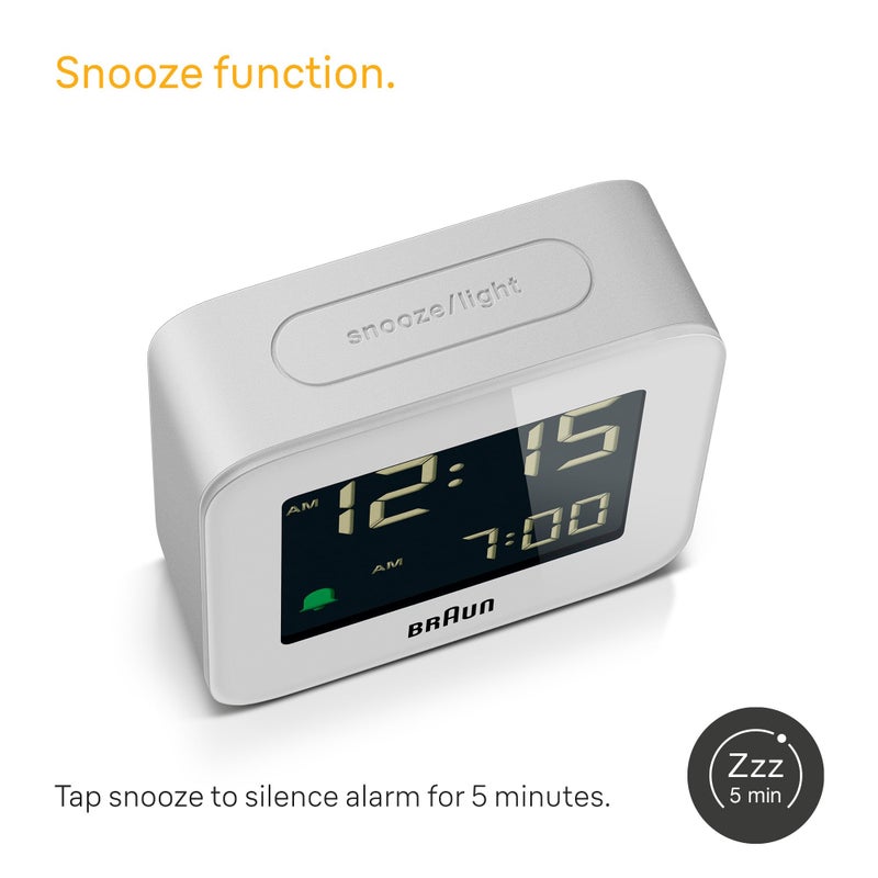 Braun Digital Travel Alarm Clock with Snooze, Compact Size, Negative LCD Display, Quick Set,Crescendo Beep Alarm in White, model BC08W. - Image 4