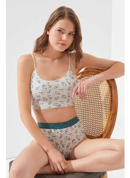COTTONHILL Cream Floral Patterned Adjustable Straps Laser Cut Women's Crop Bustier  - Image 4