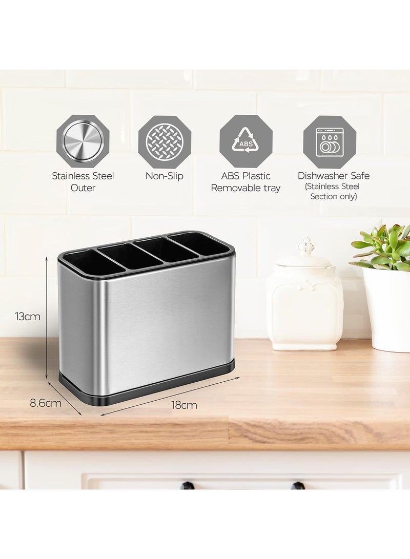 Kitchen Utensil Holder Stainless Steel Kitchen Storage Organizer Cutlery Holder Anti Slip 4 Divider Water Draining Design Easy to Clean for All Kitchens Countertop or Table  - Image 3