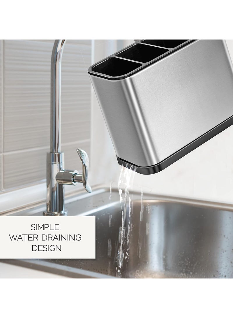 Kitchen Utensil Holder Stainless Steel Kitchen Storage Organizer Cutlery Holder Anti Slip 4 Divider Water Draining Design Easy to Clean for All Kitchens Countertop or Table  - Image 4