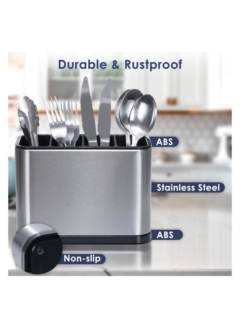 Kitchen Utensil Holder Stainless Steel Kitchen Storage Organizer Cutlery Holder Anti Slip 4 Divider Water Draining Design Easy to Clean for All Kitchens Countertop or Table  - Image 5