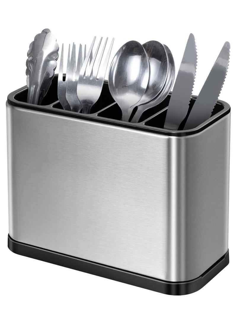 Kitchen Utensil Holder Stainless Steel Kitchen Storage Organizer Cutlery Holder Anti Slip 4 Divider Water Draining Design Easy to Clean for All Kitchens Countertop or Table  - Image 1