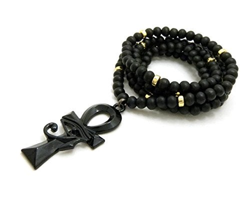 Fashion 21 Egyptian Eye of Horus Ankh Pendant Necklace, 30 inches, 6mm Black Wooden Beads, CCB Beads (Black/Black+Gold Wooden Bead) - Image 4